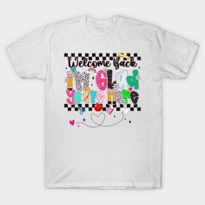 White t-shirt with colorful "Welcome Back" graphic design, featuring playful fonts and school-themed illustrations.