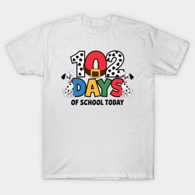 White T-shirt with colorful "102 Days of School Today" print featuring playful dalmatian design, ideal for school events.