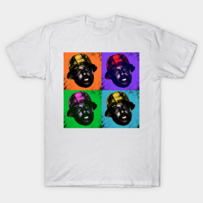 White t-shirt with colorful pop art design featuring a repeated pattern of a face wearing a hat, casual style.