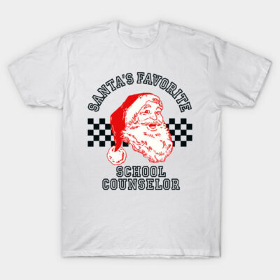 White T-shirt with "Santa's Favorite School Counselor" text, red Santa graphic, festive holiday apparel.