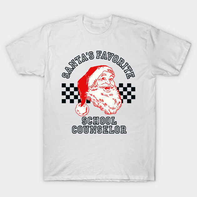 White T-shirt with "Santa's Favorite School Counselor" text, red Santa graphic, festive holiday apparel.
