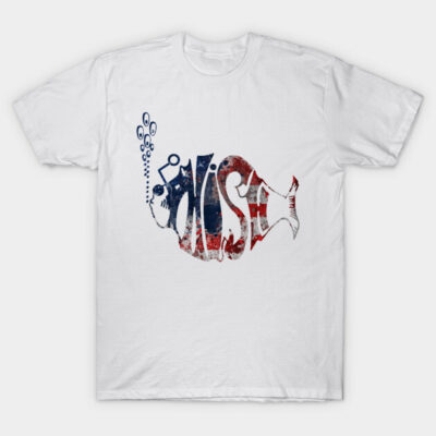 White t-shirt with abstract fish design in red, white, and blue. Casual style, perfect for everyday wear. Cotton fabric.