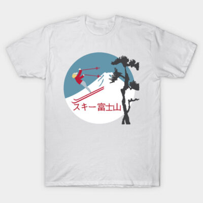 White t-shirt with skiing graphic and Japanese text, featuring a red and blue design. Casual style, cotton material.