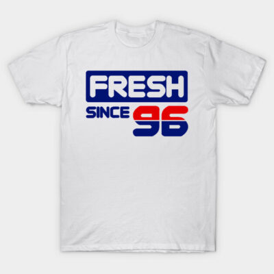 White t-shirt with "Fresh Since 96" print in blue and red, casual style, cotton material, unisex design.