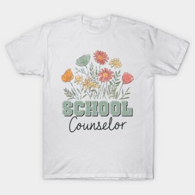 White t-shirt with floral design and "School Counselor" text, casual style, soft cotton fabric, ideal for educators.