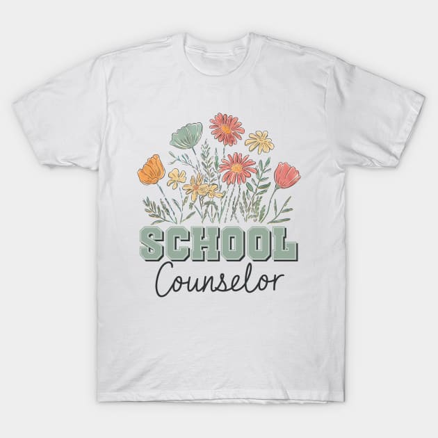 White t-shirt with floral design and "School Counselor" text, casual style, soft cotton fabric, ideal for educators.