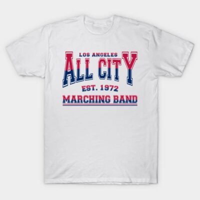 White t-shirt with "Los Angeles All City Marching Band Est. 1972" design in red and blue. Casual and comfortable wear.