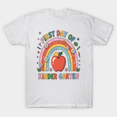 White "First Day of Kindergarten" t-shirt with colorful rainbow and apple design, perfect for kids' school start.