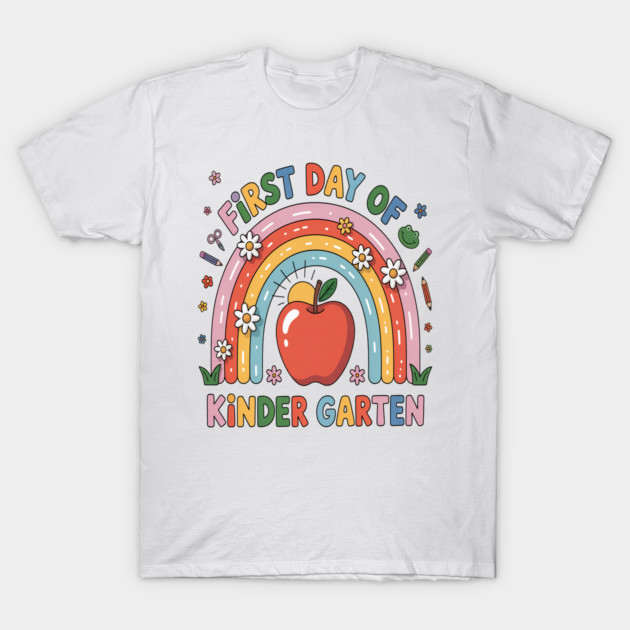 White "First Day of Kindergarten" t-shirt with colorful rainbow and apple design, perfect for kids' school start.