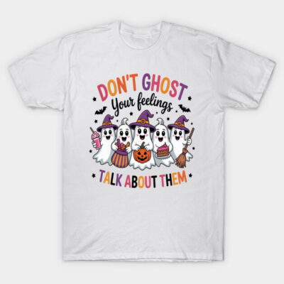 White Halloween-themed t-shirt with colorful ghost print and "Don't Ghost Your Feelings" text, casual style.