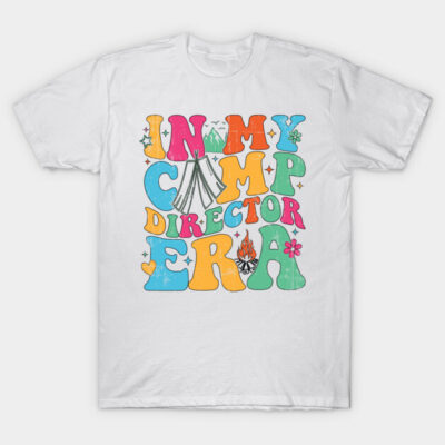 White T-shirt with colorful "In My Camp Director Era" graphic, casual style, perfect for outdoor enthusiasts.