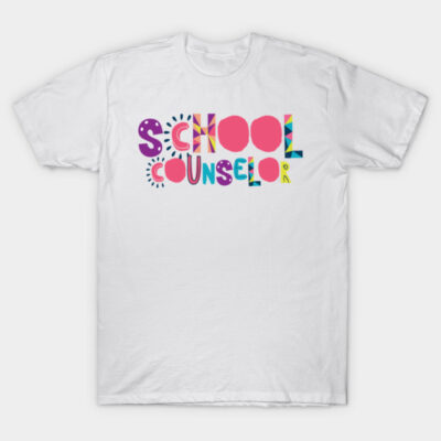 "White t-shirt with colorful 'School Counselor' graphic, casual wear, 100% cotton, unisex design."