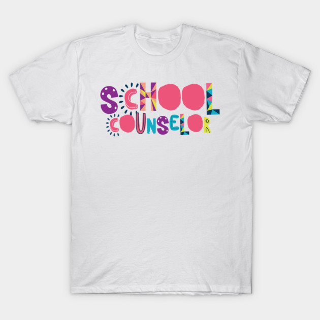 "White t-shirt with colorful 'School Counselor' graphic, casual wear, 100% cotton, unisex design."