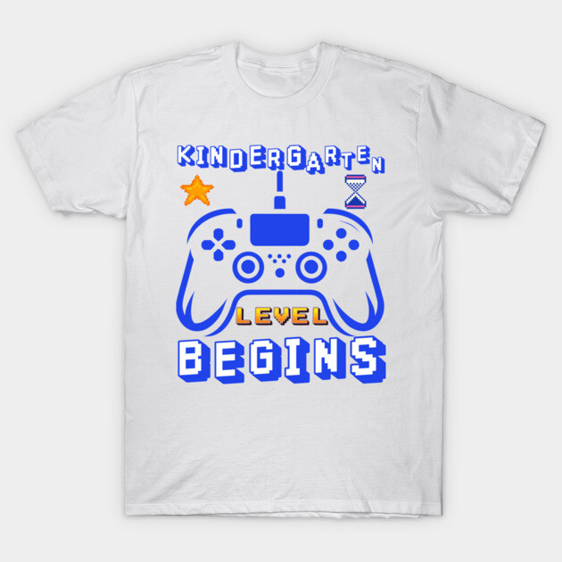 White T-shirt with blue gaming controller design, text "Kindergarten Level Begins," playful style for kids.