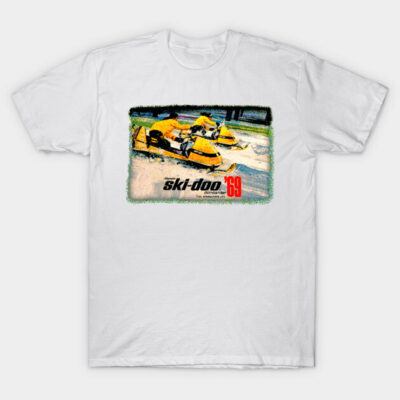 White T-shirt featuring a vintage Ski-Doo snowmobile design with vibrant yellow and red accents, made of soft cotton.