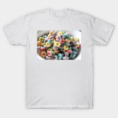 White t-shirt with colorful cereal bowl print, casual style, soft cotton fabric, comfortable everyday wear.