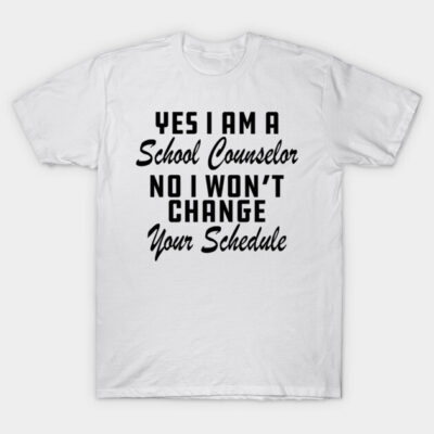 White cotton t-shirt with humorous "School Counselor" text design, perfect for casual wear or gifting.