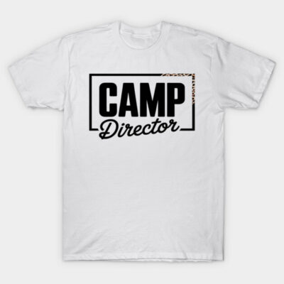 White "Camp Director" T-shirt with black text and leopard print accent, casual style, cotton material, unisex.