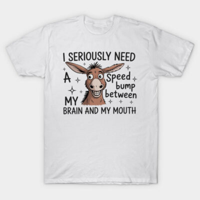 White humorous graphic t-shirt with cartoon donkey and funny text. Casual wear, perfect for adding humor to your wardrobe.