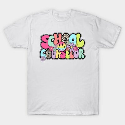 White T-shirt with colorful "School Counselor" graphic, featuring flowers and smiley face, casual cotton wear.