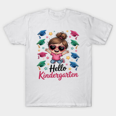 White "Hello Kindergarten" T-shirt with colorful graphics, featuring playful design for kids, perfect for school events.