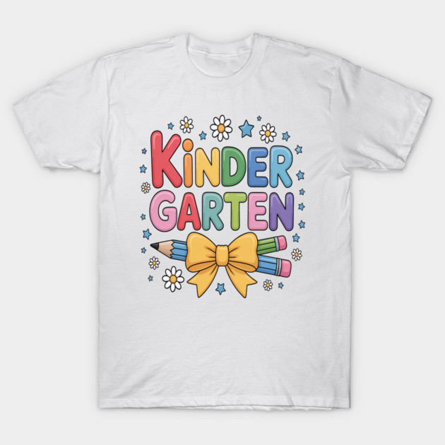 White kindergarten-themed T-shirt with colorful design, featuring pencils, bow, and flowers. Perfect for kids' casual wear.