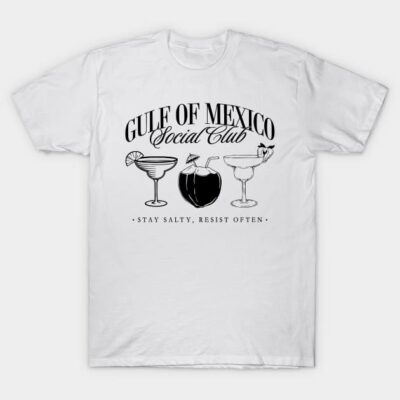White T-shirt with "Gulf of Mexico Social Club" print, cocktail graphic, casual style, cotton fabric, unisex design.