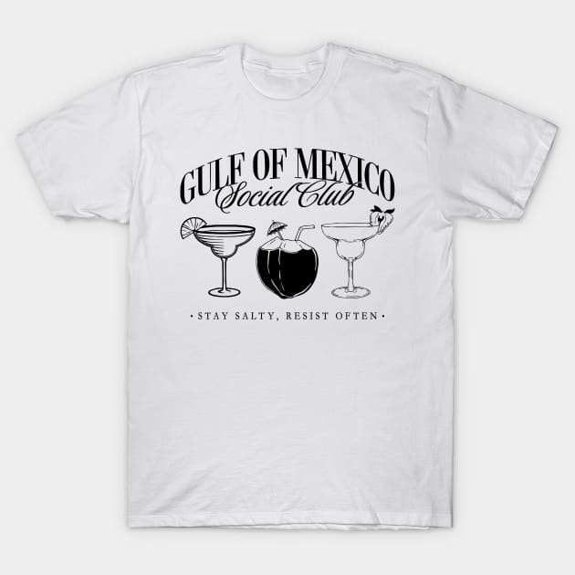 White T-shirt with "Gulf of Mexico Social Club" print, cocktail graphic, casual style, cotton fabric, unisex design.