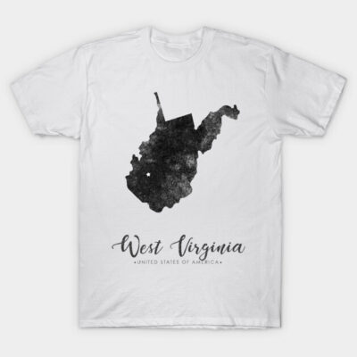 White t-shirt with black West Virginia map design, casual style, 100% cotton, comfortable everyday wear.