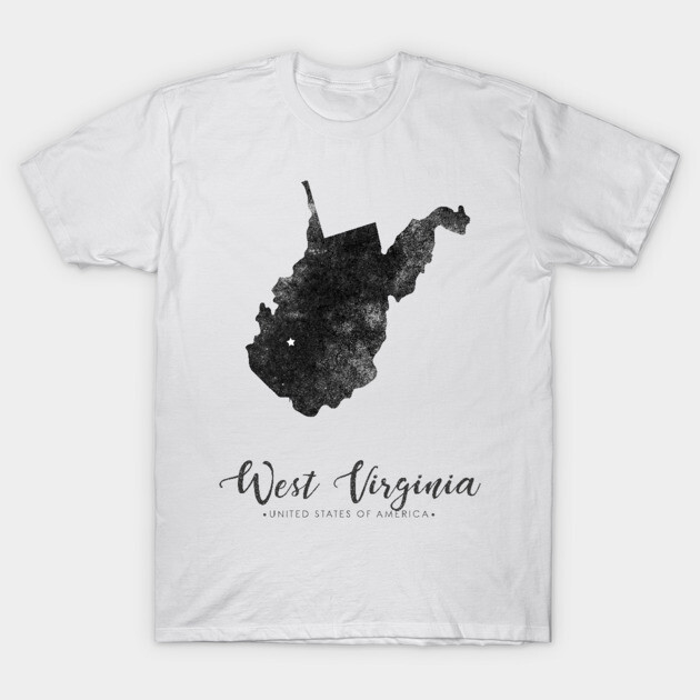 White t-shirt with black West Virginia map design, casual style, 100% cotton, comfortable everyday wear.