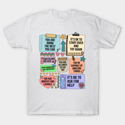 White motivational quote t-shirt with colorful positive affirmations, casual style, cotton material, unisex fit.