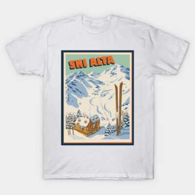 White t-shirt with "Ski Alta" vintage mountain ski lodge illustration, perfect for winter sports enthusiasts.