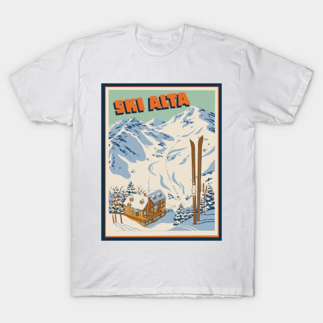 White t-shirt with "Ski Alta" vintage mountain ski lodge illustration, perfect for winter sports enthusiasts.