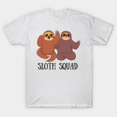 White T-shirt with "Sloth Squad" text and cartoon sloths wearing sunglasses, casual style, cotton material.