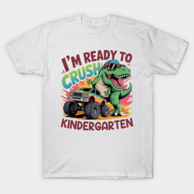 White kids' T-shirt with colorful dinosaur and monster truck print, "I'm Ready to Crush Kindergarten" message. Cotton fabric.