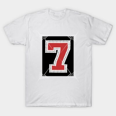 White t-shirt featuring a bold red number 7 with white border on black background, perfect for casual wear.