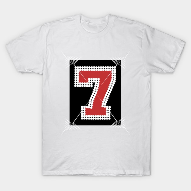 White t-shirt featuring a bold red number 7 with white border on black background, perfect for casual wear.