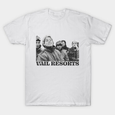 White t-shirt with "Vail Resorts" graphic print, casual style, perfect for everyday wear, made of soft cotton fabric.