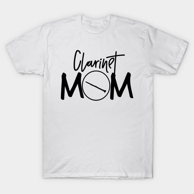 White "Clarinet Mom" graphic T-shirt with black text, casual style, perfect for music lovers. Cotton material.