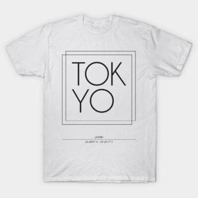 White "Tokyo" graphic t-shirt, minimalist style, featuring coordinates, 100% cotton, casual wear, unisex design.
