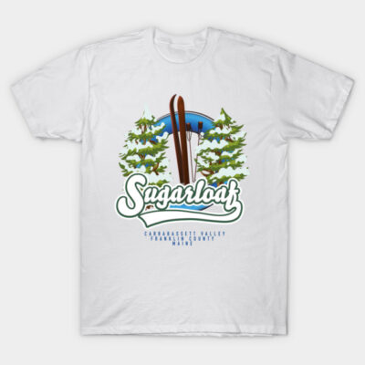 White t-shirt featuring a Sugarloaf ski design with green trees and blue accents, ideal for casual wear.