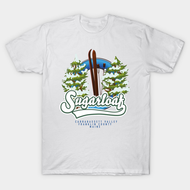 White t-shirt featuring a Sugarloaf ski design with green trees and blue accents, ideal for casual wear.