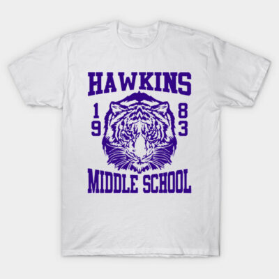 White Hawkins Middle School t-shirt with purple tiger design, 1983 text, casual style, cotton material.