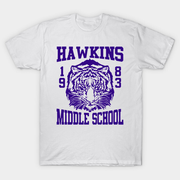 White Hawkins Middle School t-shirt with purple tiger design, 1983 text, casual style, cotton material.