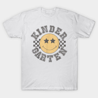 White kindergarten T-shirt with retro smiley face design and checkered pattern. Casual kids' wear, soft cotton fabric.