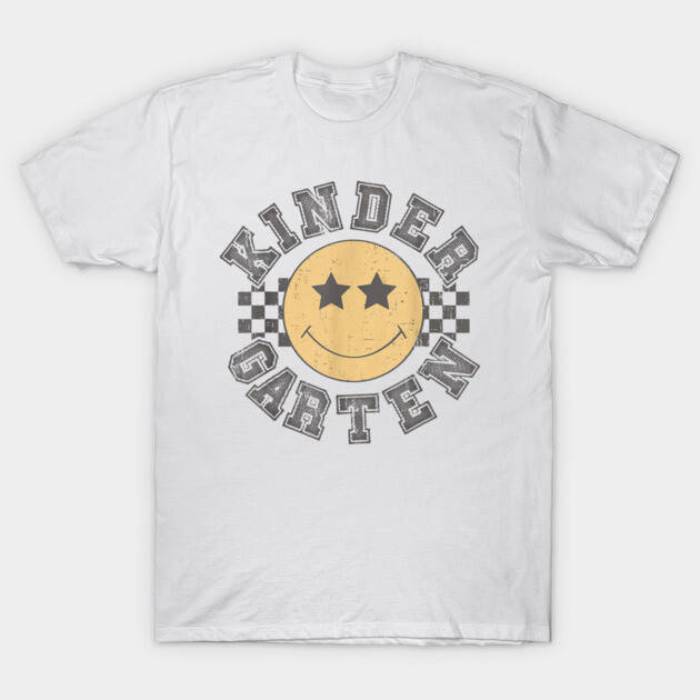 White kindergarten T-shirt with retro smiley face design and checkered pattern. Casual kids' wear, soft cotton fabric.