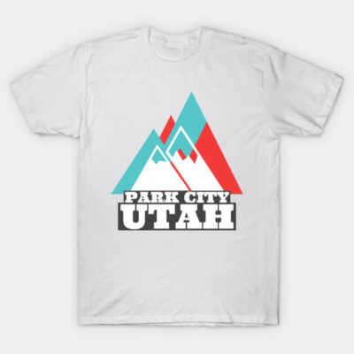 White t-shirt with colorful geometric mountain design and "Park City Utah" text, casual wear, cotton fabric.