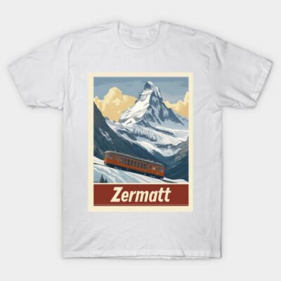 White Zermatt graphic t-shirt featuring a vintage mountain and train design, perfect for casual wear, cotton material.