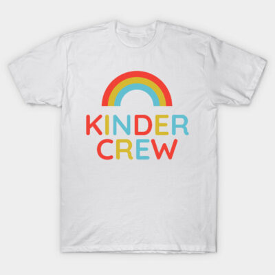 White "Kinder Crew" T-shirt with colorful rainbow design, perfect for casual wear. Cotton material, unisex style.