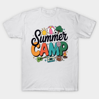 White t-shirt with colorful "Summer Camp" graphic, featuring summer icons like sun, ball, and guitar. Casual cotton wear.